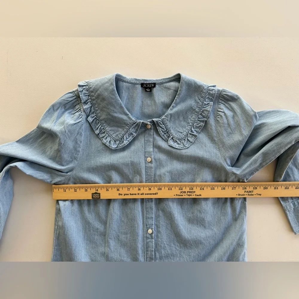 J Crew Blue Chambray Shirt Ruffle Peter Pan Collar Long Sleeve Women's Size 4 - Picture 6 of 15